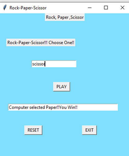  This is the output of our code which can be used by a user to play rock paper scissor python