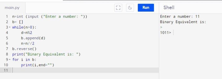 Traditional method to Convert Python int to Binary (without any function):