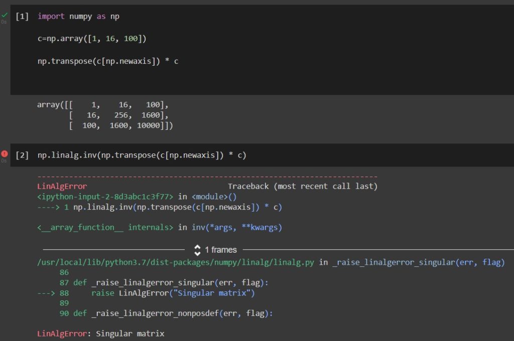 LinAlgError Singular Matrix Error