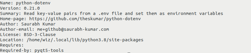 Version name, author name and other information about python-dotenv outputted by pip3 show python-dotenv command.