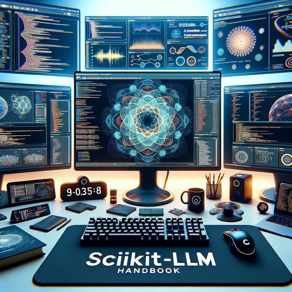 A photo depicting a tech-oriented desk setup showcasing the Scikit-LLM interface on a screen, complemented by other related items and visualizations.
