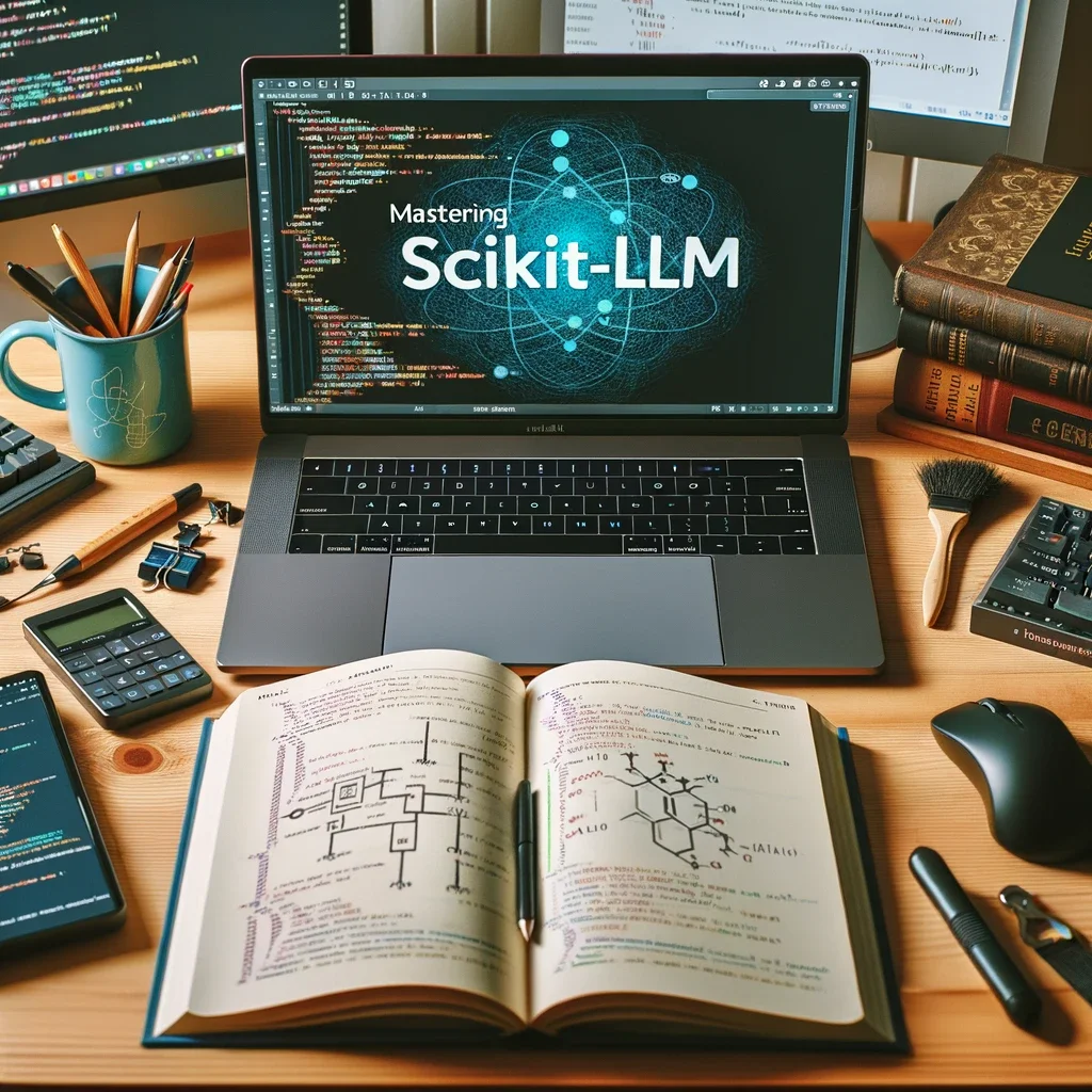 A photo of a developer's workspace highlighting a laptop with the Scikit-LLM logo and a book titled 'Mastering Scikit-LLM', complemented by various coding tools and accessories.
