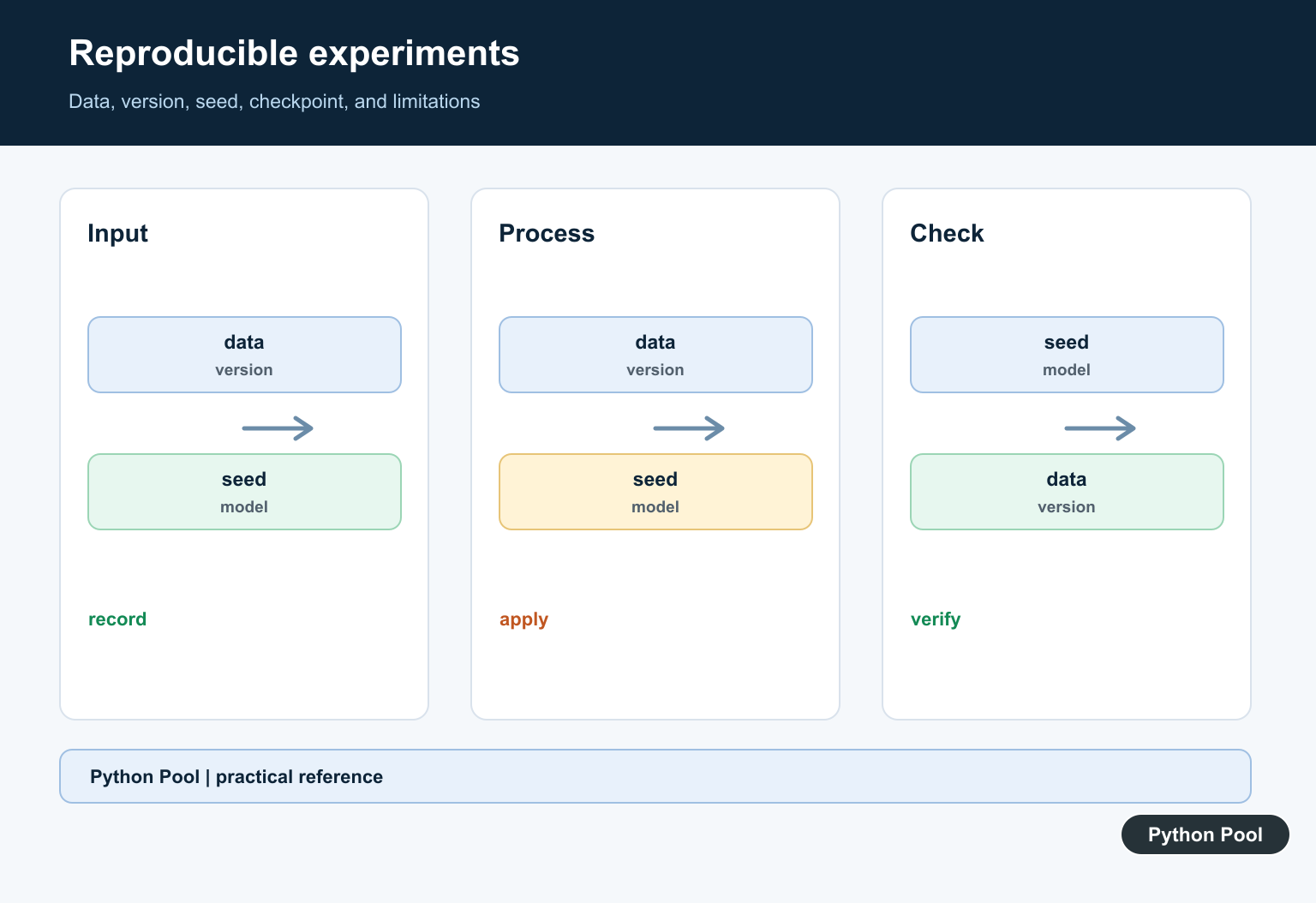 Python Pool infographic recording data, versions, seed, checkpoint, and limitations