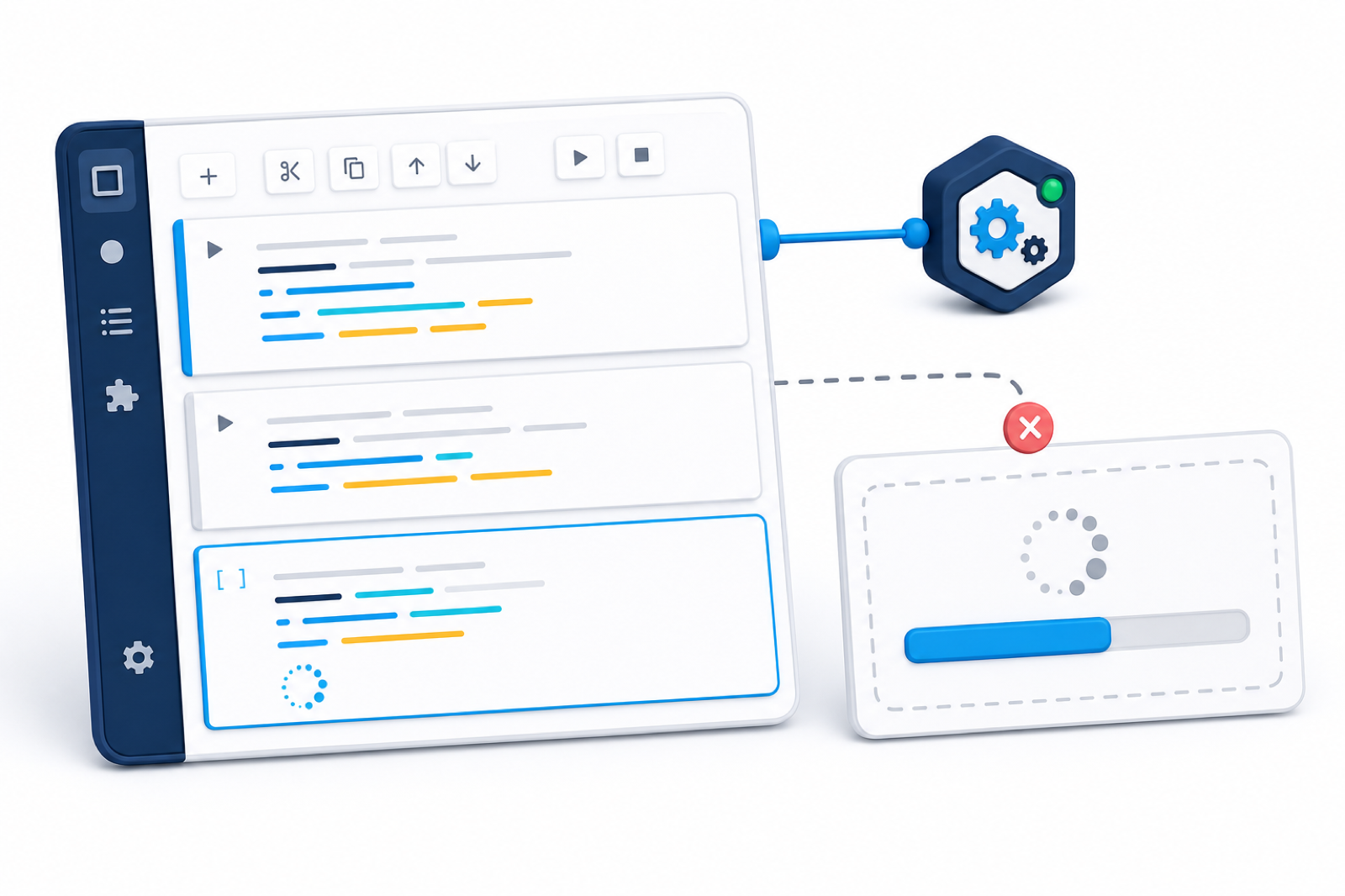 Illustration of a Jupyter notebook progress widget failing to connect to the Python kernel