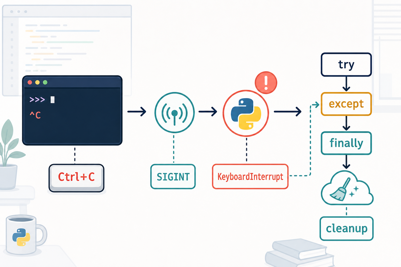 KeyboardInterrupt flow from Ctrl+C and SIGINT to Python cleanup