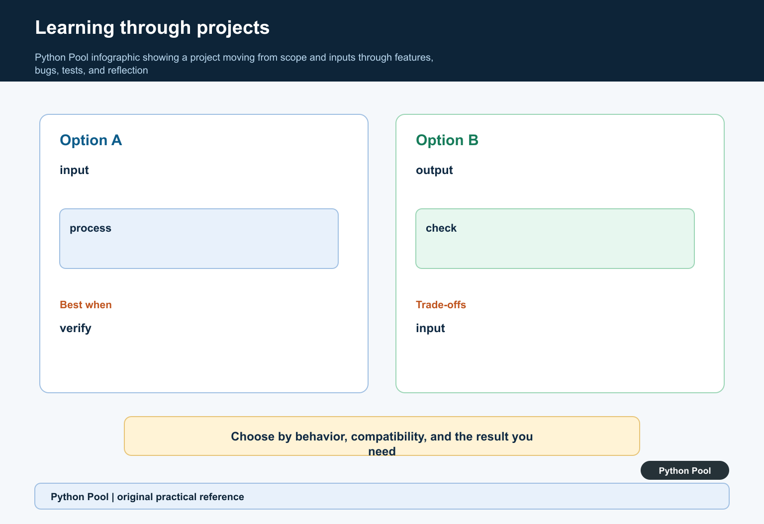Python Pool infographic showing a project moving from scope and inputs through features, bugs, tests, and reflection