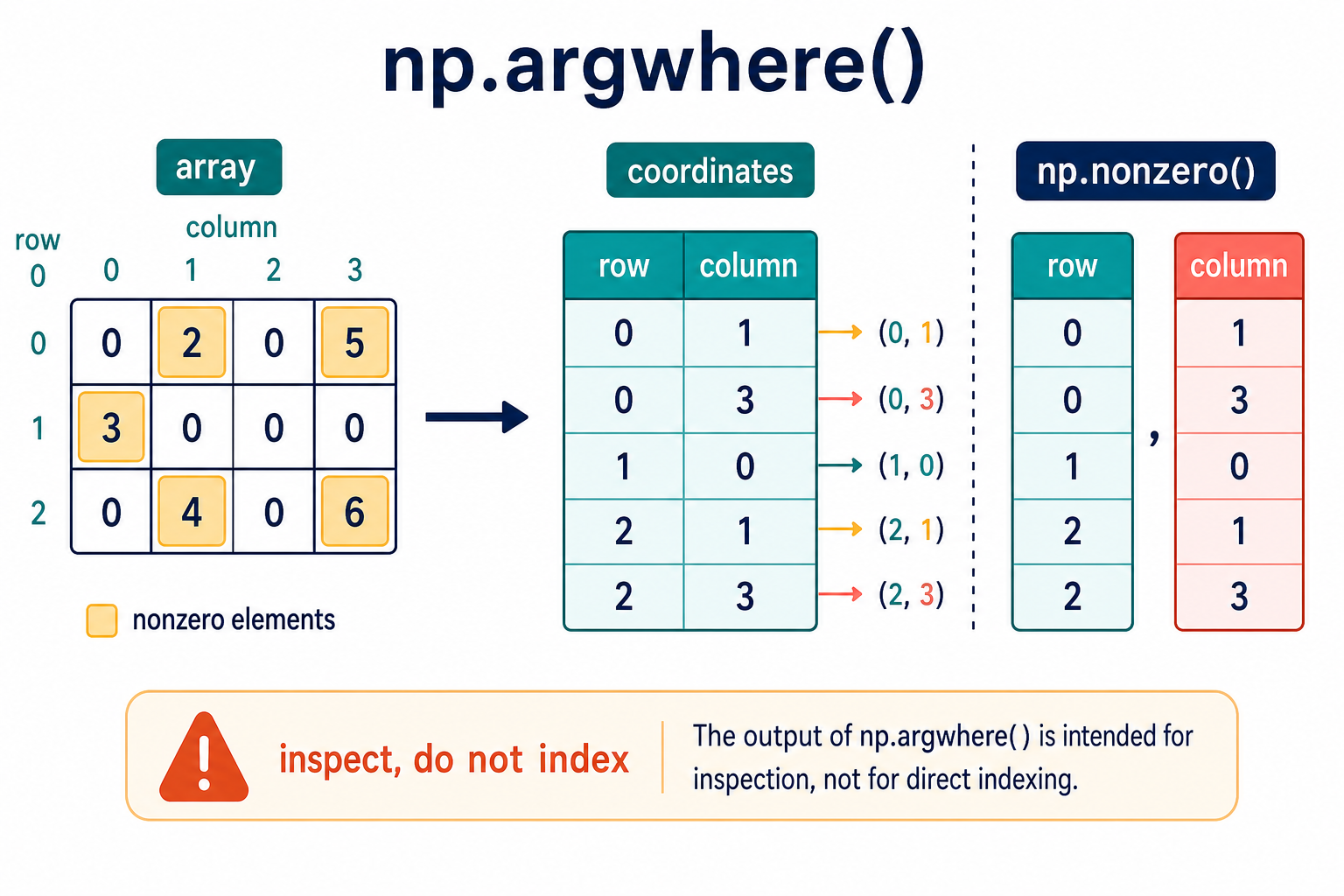 NumPy argwhere converts highlighted nonzero array cells into row and column coordinates