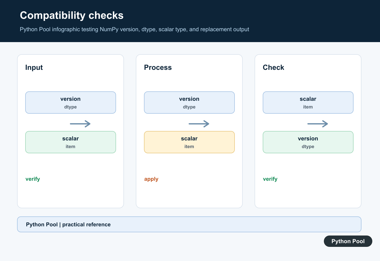 Python Pool infographic testing NumPy version, dtype, scalar type, and replacement output