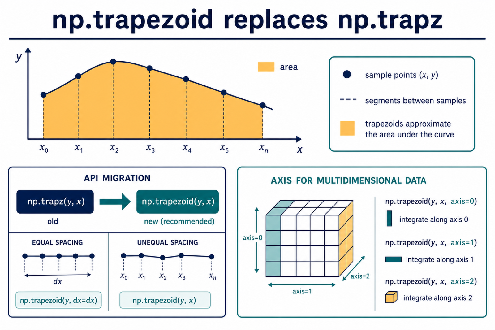 NumPy trapezoid integration of sampled points with trapz migration and axis options