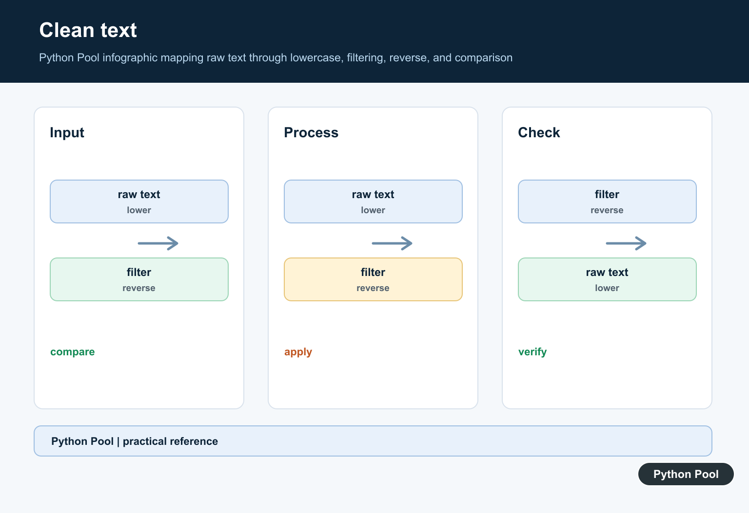 Python Pool infographic mapping raw text through lowercase, filtering, reverse, and comparison