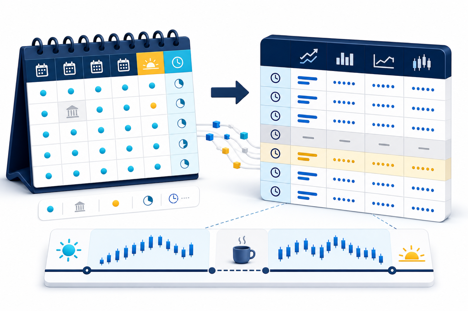 Illustration of an exchange calendar becoming a Pandas trading schedule with holidays and breaks