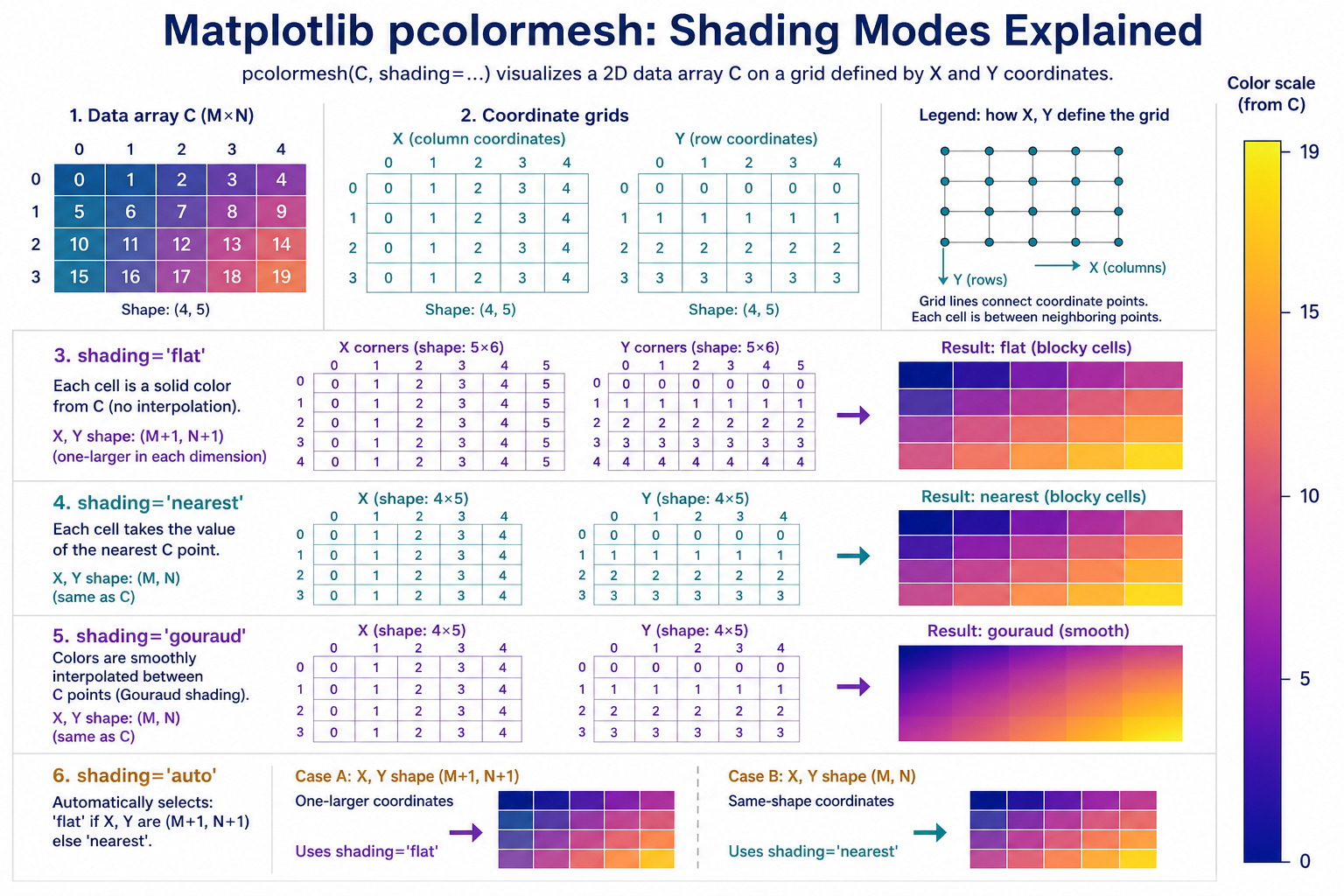 Matplotlib pcolormesh X Y C grid shapes compared across flat nearest gouraud and auto shading