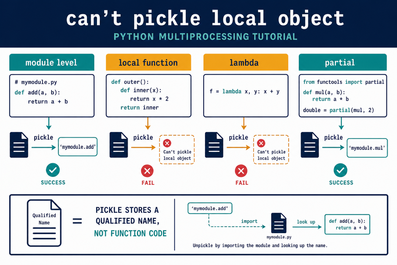Python pickle local object error compared with module level function and partial