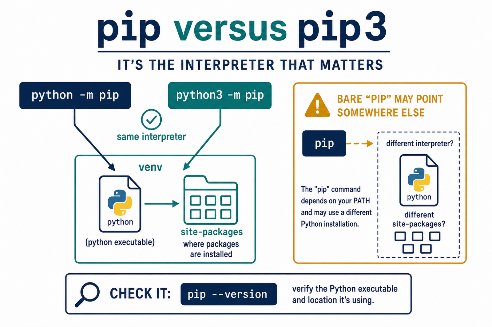pip versus pip3 mapped to the selected Python interpreter and site packages