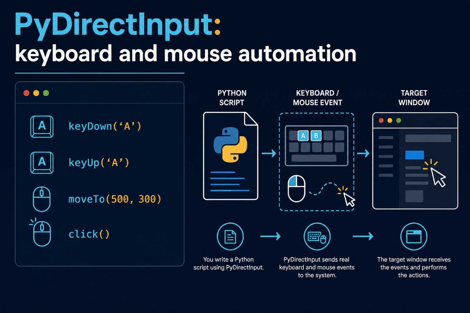 PyDirectInput workflow from a Python script to keyboard and mouse events in a target window
