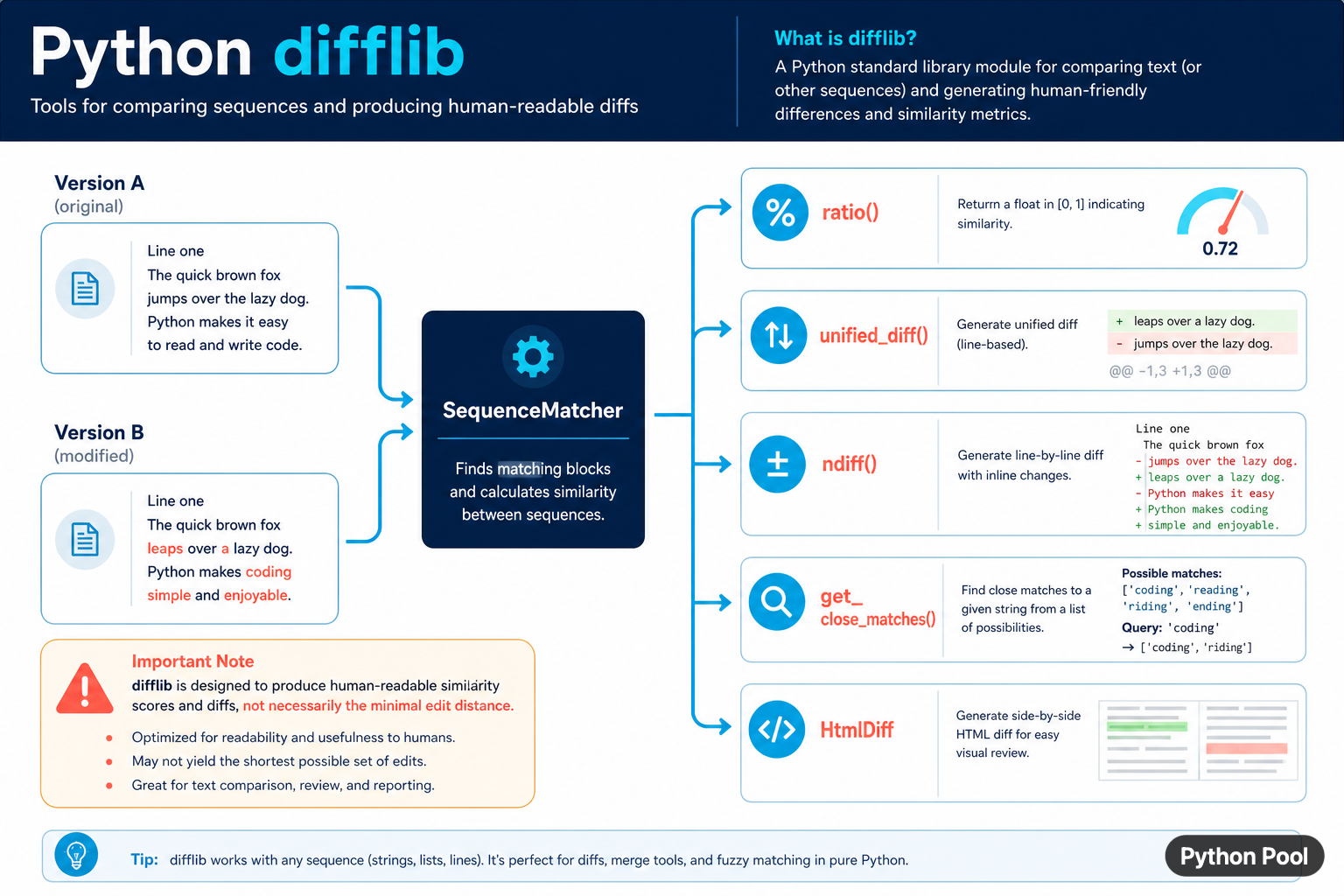 Python difflib comparison flow from two text versions to SequenceMatcher ratio unified diff ndiff and close matches