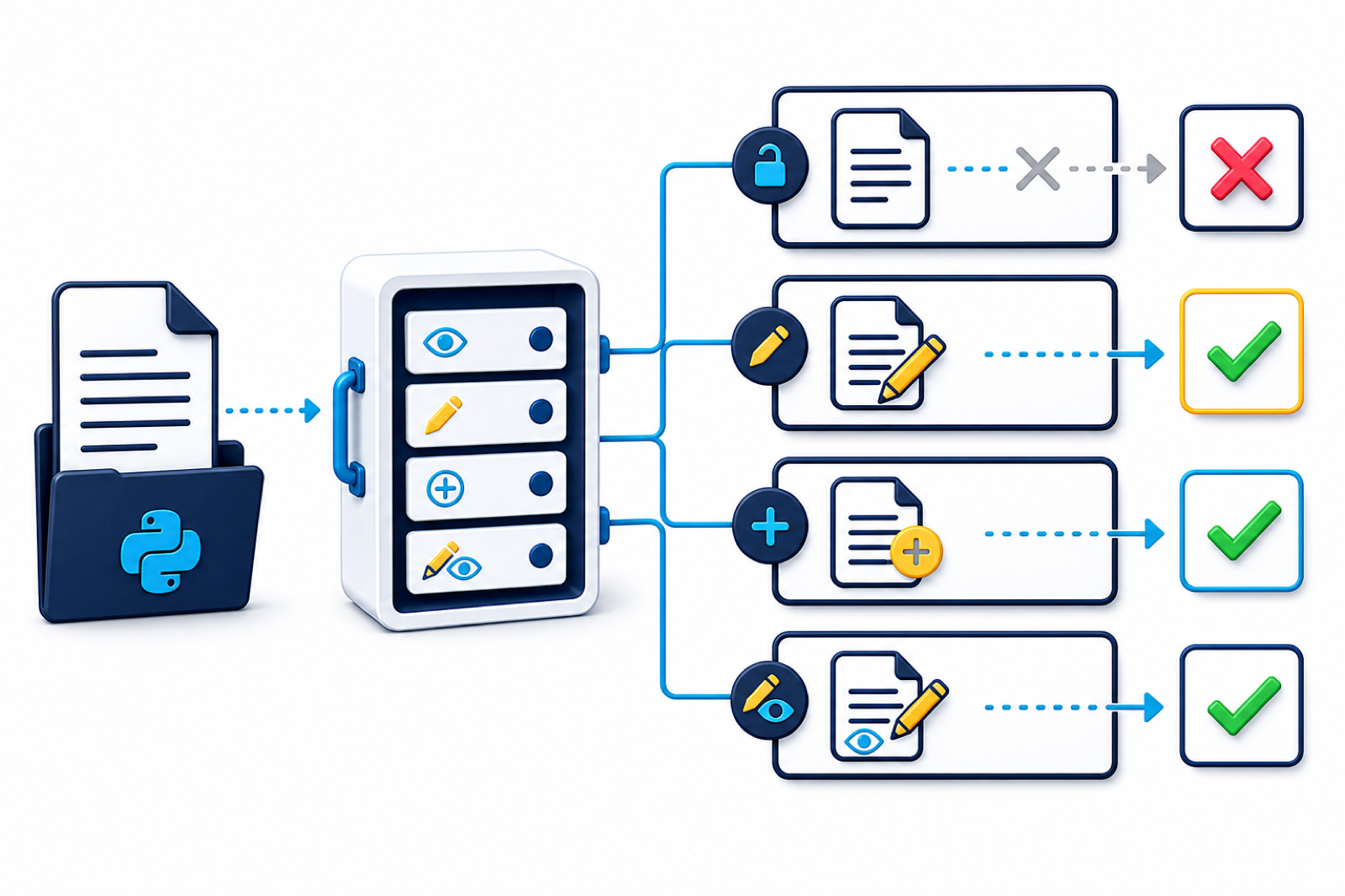 Illustration of Python file objects accepting or rejecting read and write operations based on open mode
