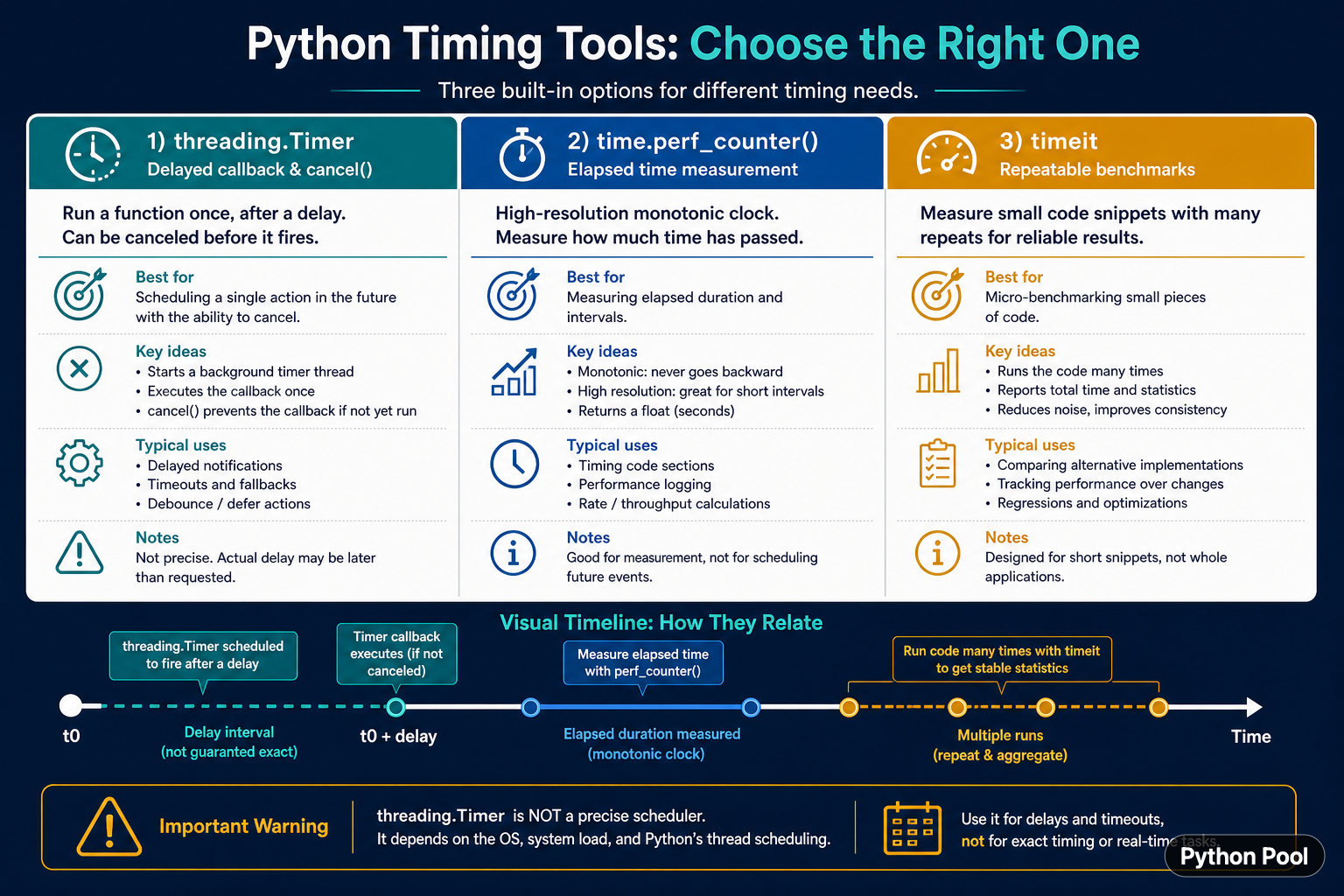 Python timer comparison showing threading Timer perf_counter and timeit use cases and timeline