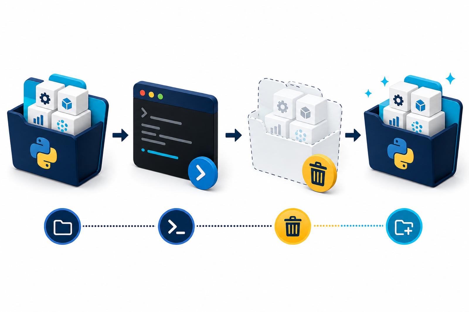 Illustration of a Python virtual environment being deactivated, removed, and recreated safely