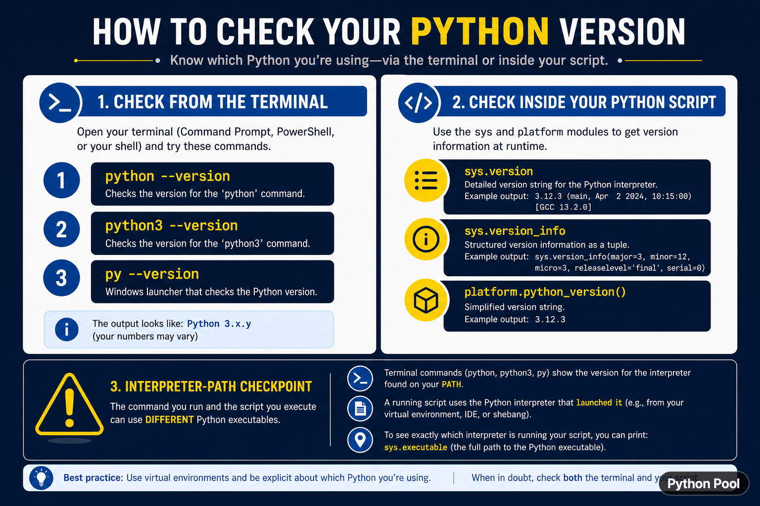 Python version check guide comparing terminal commands runtime version fields and interpreter path