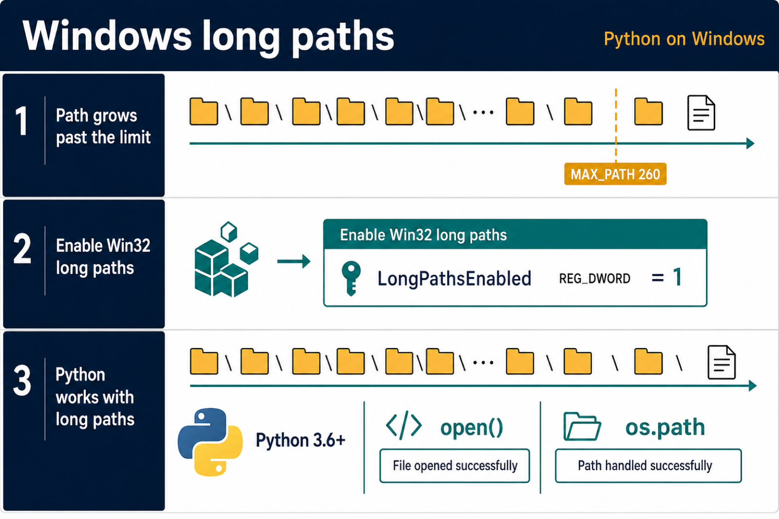 Windows long paths workflow with LongPathsEnabled and Python file APIs