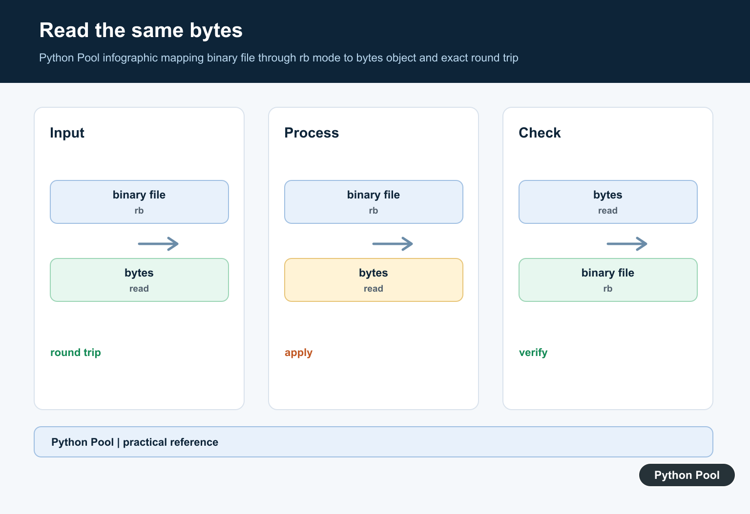 Python Pool infographic mapping binary file through rb mode to bytes object and exact round trip